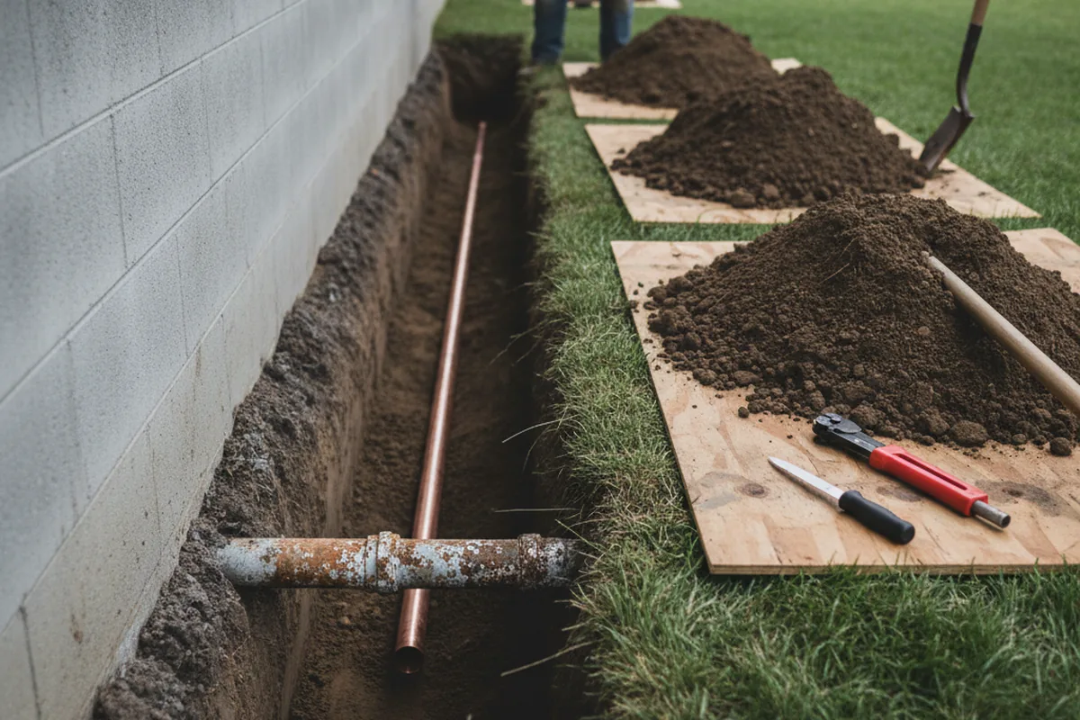 Excavated water line trench during Sewer Line Repair in Ardmore
